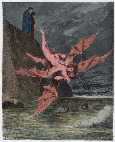 Inferno, Chant 22 : Alichino et Calcabrina se battent au-dessus du poix, illustration de La Divine Comédie de Dante Alighieri, 1885 - Gustave after Dore